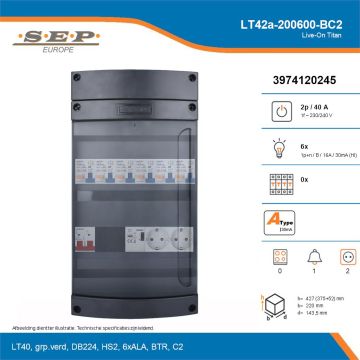 SEP Live-On Titan, LT42a-200600-BC2, 40A, 1-fase groepenkast, 6-lichtgroepen, 1-beltrafo,  2V-contactdoos, technische details