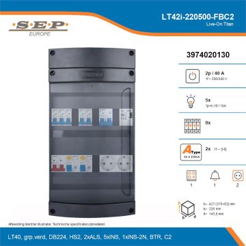 SEP Live-On Titan, LT42i-220500-FBC2, 40A, 1-fase groepenkast, 5-lichtgroepen, 1-fornuisgroep, 1-beltrafo,  2V-contactdoos, technische details
