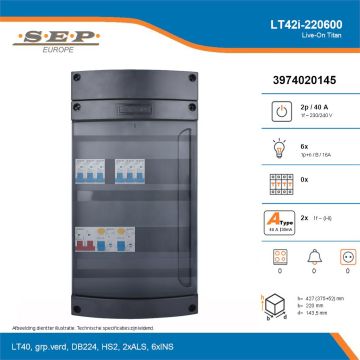 SEP Live-On Titan, LT42i-220600, 40A, 1-fase groepenkast, 6-lichtgroepen, technische details