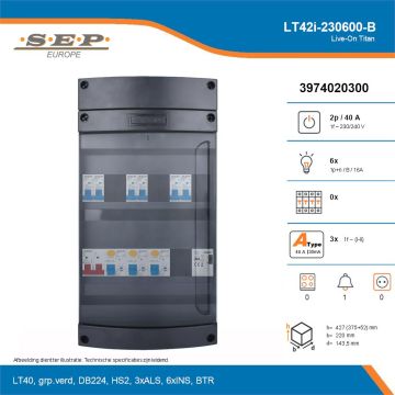 SEP Live-On Titan, LT42i-230600-B, 40A, 1-fase groepenkast, 6-lichtgroepen, 1-beltrafo, technische details