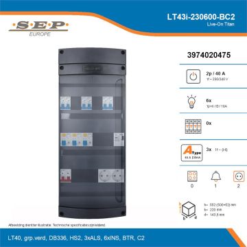 SEP Live-On Titan, LT43i-230600-BC2, 40A, 1-fase groepenkast, 6-lichtgroepen, 1-beltrafo,  2V-contactdoos, technische details