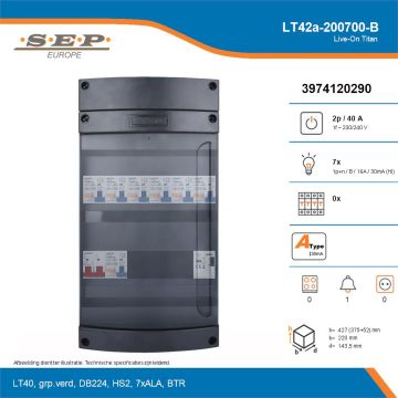 SEP Live-On Titan, LT42a-200700-B, 40A, 1-fase groepenkast, 7-lichtgroepen, 1-beltrafo, technische details