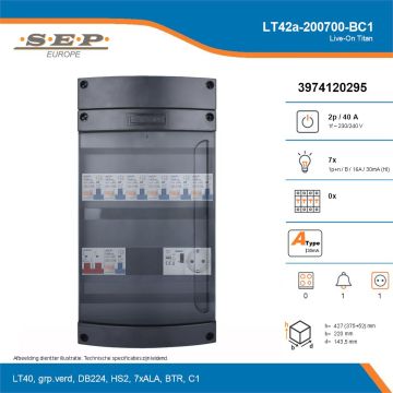 SEP Live-On Titan, LT42a-200700-BC1, 40A, 1-fase groepenkast, 7-lichtgroepen, 1-beltrafo,  1V-contactdoos, technische details