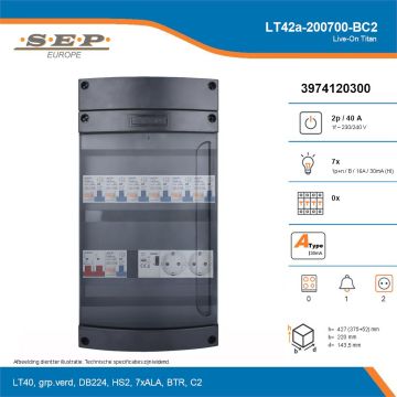 SEP Live-On Titan, LT42a-200700-BC2, 40A, 1-fase groepenkast, 7-lichtgroepen, 1-beltrafo,  2V-contactdoos, technische details