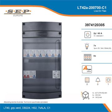 SEP Live-On Titan, LT42a-200700-C1, 40A, 1-fase groepenkast, 7-lichtgroepen,  1V-contactdoos, technische details