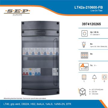 SEP Live-On Titan, LT42a-210600-FB, 40A, 1-fase groepenkast, 6-lichtgroepen, 1-fornuisgroep, 1-beltrafo, technische details