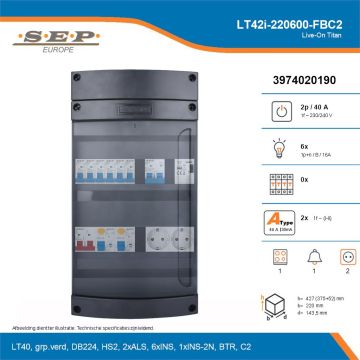 SEP Live-On Titan, LT42i-220600-FBC2, 40A, 1-fase groepenkast, 6-lichtgroepen, 1-fornuisgroep, 1-beltrafo,  2V-contactdoos, technische details