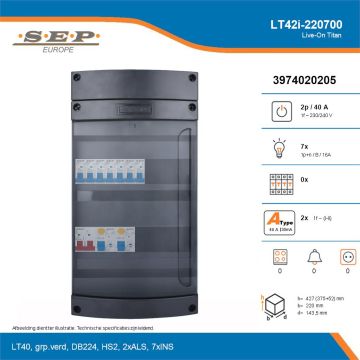 SEP Live-On Titan, LT42i-220700, 40A, 1-fase groepenkast, 7-lichtgroepen, technische details