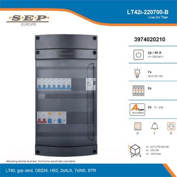 SEP Live-On Titan, LT42i-220700-B, 40A, 1-fase groepenkast, 7-lichtgroepen, 1-beltrafo, technische details