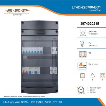 SEP Live-On Titan, LT42i-220700-BC1, 40A, 1-fase groepenkast, 7-lichtgroepen, 1-beltrafo,  1V-contactdoos, technische details