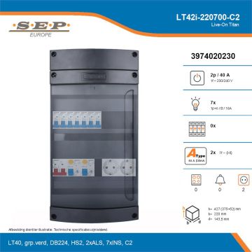 SEP Live-On Titan, LT42i-220700-C2, 40A, 1-fase groepenkast, 7-lichtgroepen,  2V-contactdoos, technische details