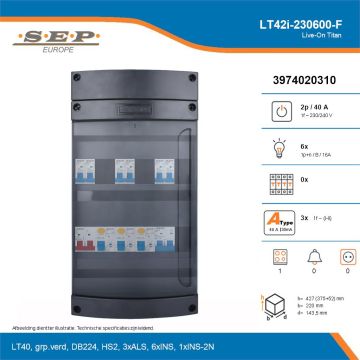 SEP Live-On Titan, LT42i-230600-F, 40A, 1-fase groepenkast, 6-lichtgroepen, 1-fornuisgroep, technische details