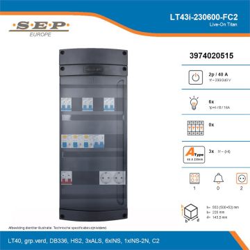 SEP Live-On Titan, LT43i-230600-FC2, 40A, 1-fase groepenkast, 6-lichtgroepen, 1-fornuisgroep,  2V-contactdoos, technische details