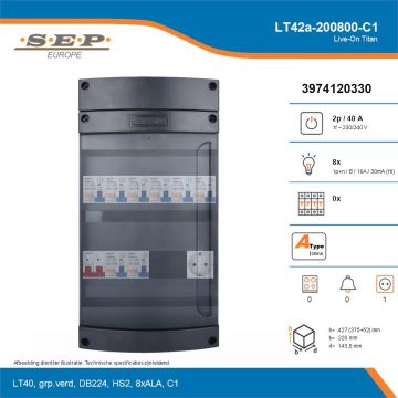 SEP Live-On Titan, LT42a-200800-C1, 40A, 1-fase groepenkast, 8-lichtgroepen,  1V-contactdoos, technische details