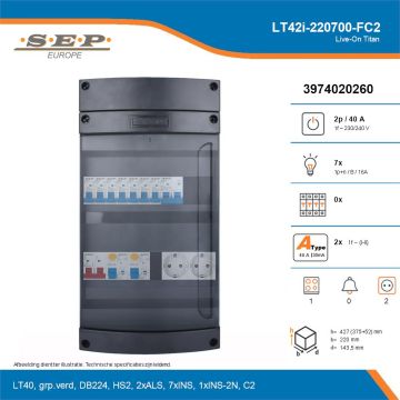 SEP Live-On Titan, LT42i-220700-FC2, 40A, 1-fase groepenkast, 7-lichtgroepen, 1-fornuisgroep,  2V-contactdoos, technische details