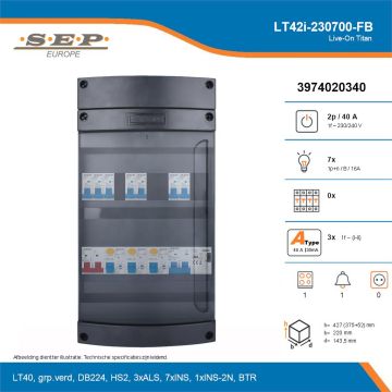 SEP Live-On Titan, LT42i-230700-FB, 40A, 1-fase groepenkast, 7-lichtgroepen, 1-fornuisgroep, 1-beltrafo, technische details