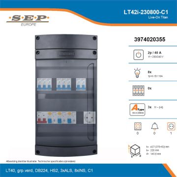 SEP Live-On Titan, LT42i-230800-C1, 40A, 1-fase groepenkast, 8-lichtgroepen,  1V-contactdoos, technische details