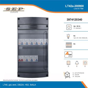 SEP Live-On Titan, LT42a-200900, 40A, 1-fase groepenkast, 9-lichtgroepen, technische details