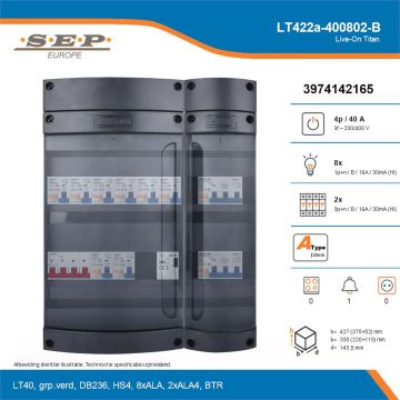 SEP Live-On Titan, LT422a-400802-B, 40A, 3-fase groepenkast, 8-lichtgroepen, 2-krachtgroepen, 1-beltrafo, technische details
