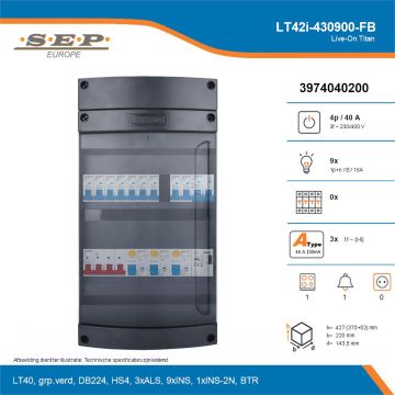 SEP Live-On Titan, LT42i-430900-FB, 40A, 3-fase groepenkast, 9-lichtgroepen, 1-fornuisgroep, 1-beltrafo, technische details