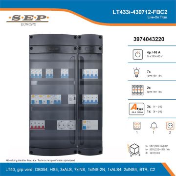SEP Live-On Titan, LT433i-430712-FBC2, 40A, 3-fase groepenkast, 7-lichtgroepen, 2-krachtgroepen, 1-fornuisgroep, 1-beltrafo,  2V-contactdoos, technische details