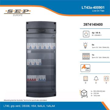 SEP Live-On Titan, LT43a-400901, 40A, 3-fase groepenkast, 9-lichtgroepen, 1-krachtgroepen, technische details