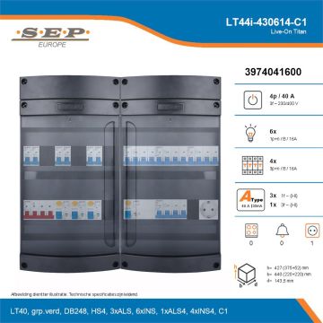 SEP Live-On Titan, LT44i-430614-C1, 40A, 3-fase groepenkast, 6-lichtgroepen, 4-krachtgroepen,  1V-contactdoos, technische details