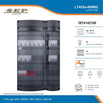 SEP Live-On Titan, LT433a-400902, 40A, 3-fase groepenkast, 9-lichtgroepen, 2-krachtgroepen, technische details