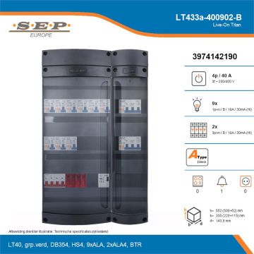 SEP Live-On Titan, LT433a-400902-B, 40A, 3-fase groepenkast, 9-lichtgroepen, 2-krachtgroepen, 1-beltrafo, technische details