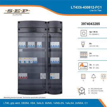 SEP Live-On Titan, LT433i-430812-FC1, 40A, 3-fase groepenkast, 8-lichtgroepen, 2-krachtgroepen, 1-fornuisgroep,  1V-contactdoos, technische details
