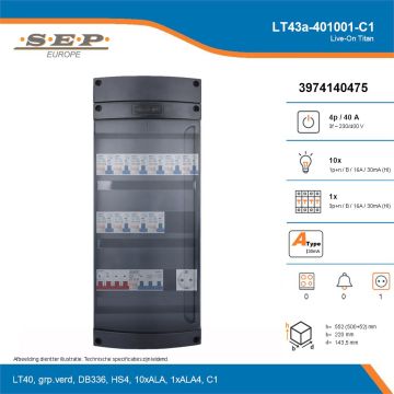 SEP Live-On Titan, LT43a-401001-C1, 40A, 3-fase groepenkast, 10-lichtgroepen, 1-krachtgroepen,  1V-contactdoos, technische details