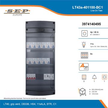 SEP Live-On Titan, LT43a-401100-BC1, 40A, 3-fase groepenkast, 11-lichtgroepen, 1-beltrafo,  1V-contactdoos, technische details