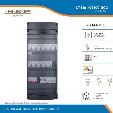 SEP Live-On Titan, LT43a-401100-BC2, 40A, 3-fase groepenkast, 11-lichtgroepen, 1-beltrafo,  2V-contactdoos, technische details