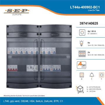 SEP Live-On Titan, LT44a-400902-BC1, 40A, 3-fase groepenkast, 9-lichtgroepen, 2-krachtgroepen, 1-beltrafo,  1V-contactdoos, technische details