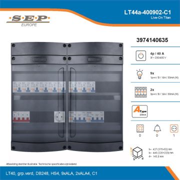 SEP Live-On Titan, LT44a-400902-C1, 40A, 3-fase groepenkast, 9-lichtgroepen, 2-krachtgroepen,  1V-contactdoos, technische details