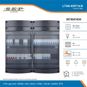 SEP Live-On Titan, LT44i-430714-B, 40A, 3-fase groepenkast, 7-lichtgroepen, 4-krachtgroepen, 1-beltrafo, technische details
