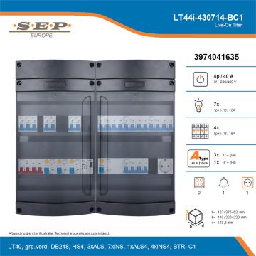 SEP Live-On Titan, LT44i-430714-BC1, 40A, 3-fase groepenkast, 7-lichtgroepen, 4-krachtgroepen, 1-beltrafo,  1V-contactdoos, technische details