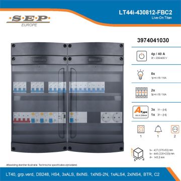 SEP Live-On Titan, LT44i-430812-FBC2, 40A, 3-fase groepenkast, 8-lichtgroepen, 2-krachtgroepen, 1-fornuisgroep, 1-beltrafo,  2V-contactdoos, technische details