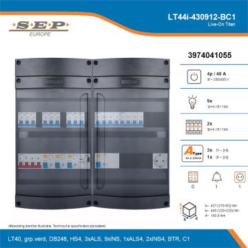 SEP Live-On Titan, LT44i-430912-BC1, 40A, 3-fase groepenkast, 9-lichtgroepen, 2-krachtgroepen, 1-beltrafo,  1V-contactdoos, technische details