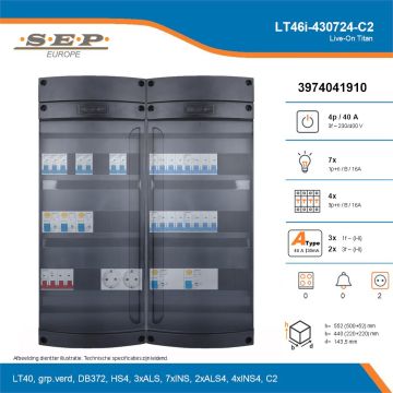 SEP Live-On Titan, LT46i-430724-C2, 40A, 3-fase groepenkast, 7-lichtgroepen, 4-krachtgroepen,  2V-contactdoos, technische details