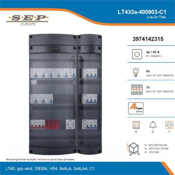 SEP Live-On Titan, LT433a-400903-C1, 40A, 3-fase groepenkast, 9-lichtgroepen, 3-krachtgroepen,  1V-contactdoos, technische details
