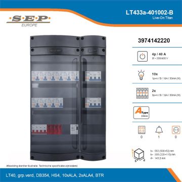 SEP Live-On Titan, LT433a-401002-B, 40A, 3-fase groepenkast, 10-lichtgroepen, 2-krachtgroepen, 1-beltrafo, technische details
