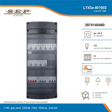 SEP Live-On Titan, LT43a-401002, 40A, 3-fase groepenkast, 10-lichtgroepen, 2-krachtgroepen, technische details