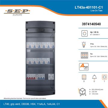 SEP Live-On Titan, LT43a-401101-C1, 40A, 3-fase groepenkast, 11-lichtgroepen, 1-krachtgroepen,  1V-contactdoos, technische details