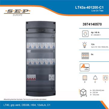 SEP Live-On Titan, LT43a-401200-C1, 40A, 3-fase groepenkast, 12-lichtgroepen,  1V-contactdoos, technische details