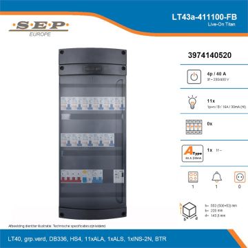 SEP Live-On Titan, LT43a-411100-FB, 40A, 3-fase groepenkast, 11-lichtgroepen, 1-fornuisgroep, 1-beltrafo, technische details