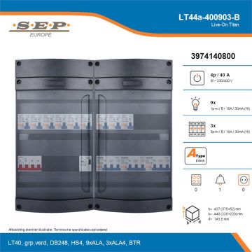SEP Live-On Titan, LT44a-400903-B, 40A, 3-fase groepenkast, 9-lichtgroepen, 3-krachtgroepen, 1-beltrafo, technische details