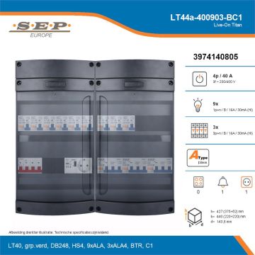 SEP Live-On Titan, LT44a-400903-BC1, 40A, 3-fase groepenkast, 9-lichtgroepen, 3-krachtgroepen, 1-beltrafo,  1V-contactdoos, technische details