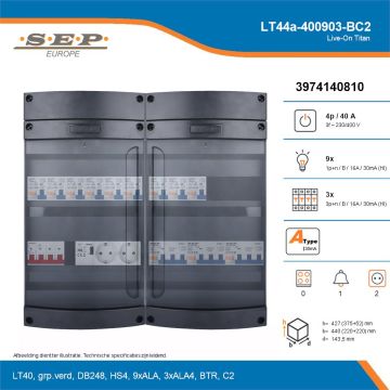 SEP Live-On Titan, LT44a-400903-BC2, 40A, 3-fase groepenkast, 9-lichtgroepen, 3-krachtgroepen, 1-beltrafo,  2V-contactdoos, technische details