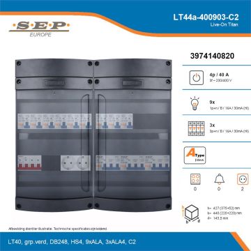SEP Live-On Titan, LT44a-400903-C2, 40A, 3-fase groepenkast, 9-lichtgroepen, 3-krachtgroepen,  2V-contactdoos, technische details